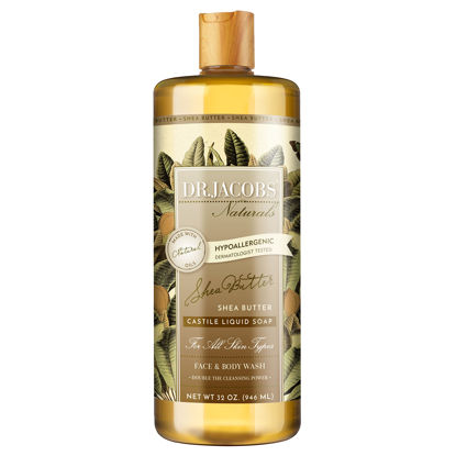 Picture of Dr Jacobs Naturals Pure Castile Liquid Soap Gel - Moisturizing (Shea Butter, 32 oz 1-Pack) Made with Premium Organic Oils - Vegan, No Palm Oil, GMO Free - Concentrated, Multi-Purpose for Face, Body, Hair, Pets, Laundry and Dishes - Hypoallergenic and Dermatologist Approved