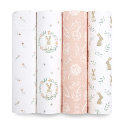 Picture of aden + anais Essentials Muslin Swaddle Blankets for Baby Girls and Boys, Newborn Receiving Blanket for Swaddling, 100% Cotton Baby Swaddle Wrap, 4 Pack, Blushing Bunnies