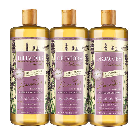 Picture of Dr. Jacobs Naturals Pure Castile Soap - All Natural Face And Body Wash - Hypoallergenic and Dermatologist Approved (Lavender, 32 Fl Oz (Pack of 3))