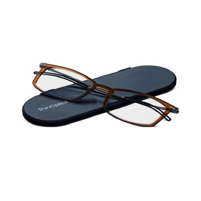 Picture of ThinOptics Milano Aluminum Frontpage Brooklyn Rectangular Reading Glasses, Brown Frames/Silver Case, 2 x + 2