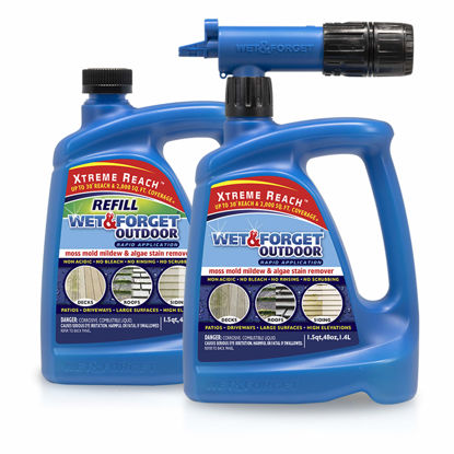 Picture of Wet & Forget Outdoor Moss, Mold, Mildew, & Algae Stain Remover Multi-Surface Cleaner, Xtreme Reach Hose End, 48 Fluid Ounces, 1 Pack + Refill