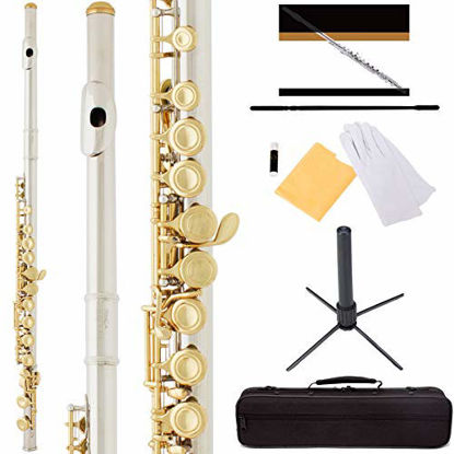 Picture of Mendini By Cecilio Flutes - Closed Hole C Flute For Beginners, 16-Key Flute with a Case, Stand, Lesson Book, and Cleaning Kit, Musical Instrument for Kids, Nickel with Gold Keys