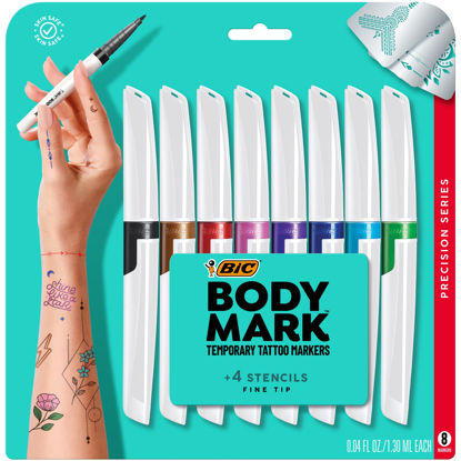 Picture of BIC BodyMark Temporary Tattoo Markers for Skin, Precision Series, Fine Tip, 8-Count Pack of Assorted Colors, Skin-Safe*, Cosmetic Quality (MTBFP81-AST)
