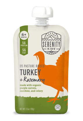 Picture of Serenity Kids 6+ Months Baby Food Pouches Puree Made With Ethically Sourced Meats & Organic Veggies | 3.5 Ounce BPA-Free Pouch | Pasture Raised Turkey & Rosemary, Purple Carrot, Zucchini | 12 Count