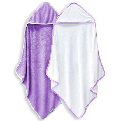 Picture of 2 Pack Premium Bamboo Baby Bath Towel - Ultra Soft Hooded Towels for Babies,Toddler,Infant - Newborn Essential -Perfect Baby Registry Gifts for Boy Girl (White and Violet, 30 x 30 Inch)