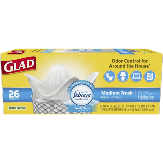 Picture of GLAD Medium Kitchen Quick-Tie Trash Bags, 8 Gallon White Trash Bag for Kitchen Trash Can, Fresh Clean, 26 Count (Pack of 6)