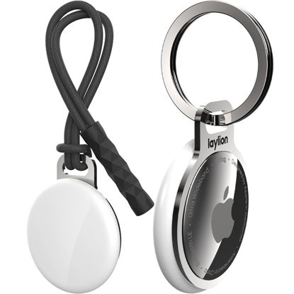 Picture of 2 Pack laylion Air Tag Keychain for Apple Airtags Holder, Mirror Polished Stainless Steel Ring Minimalist Slim Thin AirTag Secure Case with Strap Installed at The Gap of Battery Cover