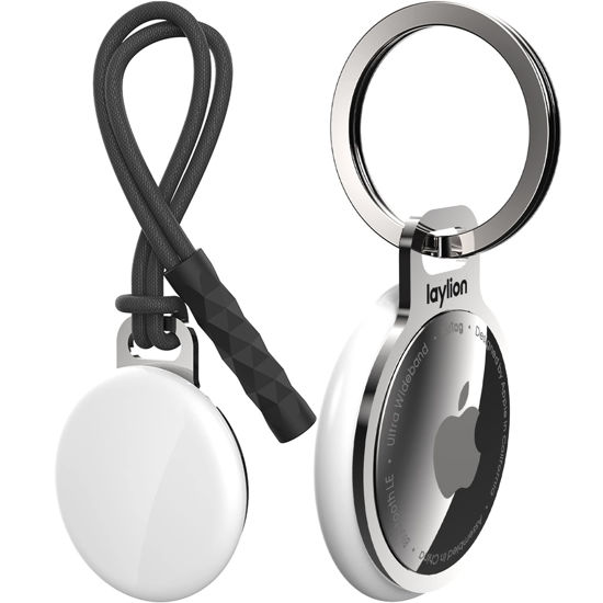 Picture of 2 Pack laylion Air Tag Keychain for Apple Airtags Holder, Mirror Polished Stainless Steel Ring Minimalist Slim Thin AirTag Secure Case with Strap Installed at The Gap of Battery Cover