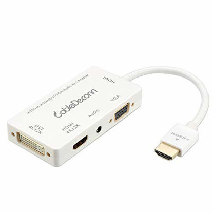 Picture of CABLEDECONN Multiport 4-in-1 HDMI to HDMI DVI 4K VGA Adapter Cable Audio Output Adapter Converter (White)