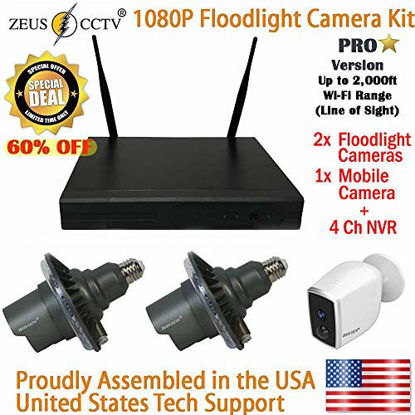 Picture of ZEUS CCTV 4 Channel Standalone Pro Wi-Fi NVR System + 2 Twist in Pro Floodlight + 1 Mobile Camera Surveillance Security Cameras Complete Install Kit with Hard Drive