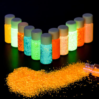 Picture of Glow in The Dark Glitter, SEISSO 12 Bottles Luminous Glitter with UV Flashlight Set, 10g/Bottle Chunky Glitter Powder for Resin Arts Crafts, Body Face Nail Glitter, Tumbler Slime Glitter