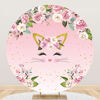 Picture of Laeacco Cute Pink Cat Round Polyester Backdrop 7.5x7.5ft Floral Flowers Photography Background Sweet Girls Newborn Baby Shower Birthday Party Banner Cake Smash Decor Portrait Photo Studio Shoot Props