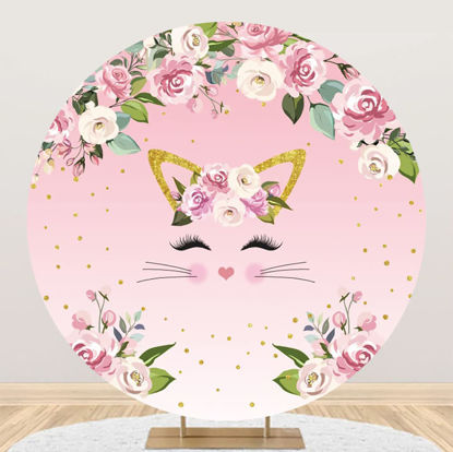 Picture of Laeacco Cute Pink Cat Round Polyester Backdrop 7.5x7.5ft Floral Flowers Photography Background Sweet Girls Newborn Baby Shower Birthday Party Banner Cake Smash Decor Portrait Photo Studio Shoot Props