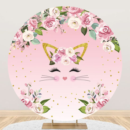 Picture of Laeacco Cute Pink Cat Round Polyester Backdrop 7.5x7.5ft Floral Flowers Photography Background Sweet Girls Newborn Baby Shower Birthday Party Banner Cake Smash Decor Portrait Photo Studio Shoot Props