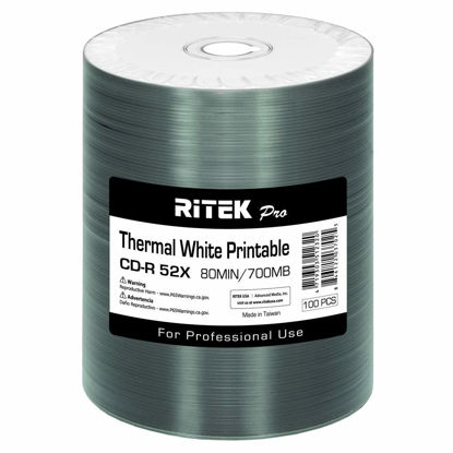Picture of 100 Pack Ritek Pro (Professional Grade) CD-R 52X 700MB White Thermal Hub Printable Blank Media Recordable Disc