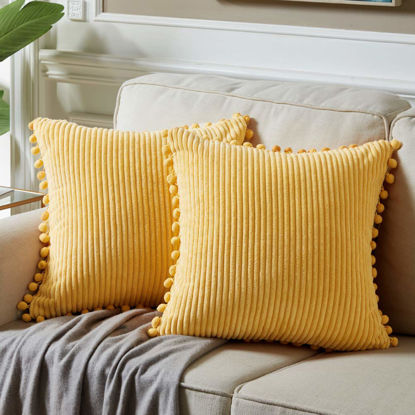 Picture of Fancy Homi Pack of 2 Yellow Accent Decorative Throw Pillow Covers with Pom-poms, Soft Corduroy Solid Square Cushion Pillow Case Set for Couch Sofa Bedroom Car Living Room (18x18 Inch/45x45 cm, Yellow)