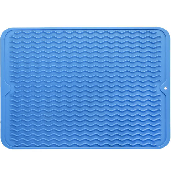 Picture of MicoYang Silicone Dish Drying Mat for Multiple Usage,Easy clean,Eco-friendly,Heat-resistant Silicone Mat for Kitchen Counter or Sink,Refrigerator or Drawer liner Lichen Blue L 16 inches x 12 inches