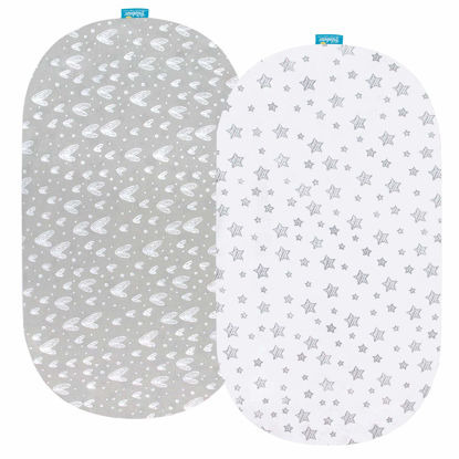 Picture of Bassinet Sheets Compatible with Fisher-Price Soothing Motions Bassinet/Fisher-Price Luminate Bassinet, 2 Pack, 100% Jersey Knit Cotton Fitted Sheets, Grey Hearts and White Stars Print for Baby