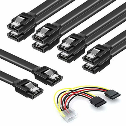 Picture of SATA Cables III, SSD Data Cable 6.0 Gbps and 4 Pin to Dual 15 Pin SATA Power Splitter Cable Hard Drive Connection Cables Compatible with SATA Connectors, HDD, SSD, CD Driver, CD Writer.6 Pack