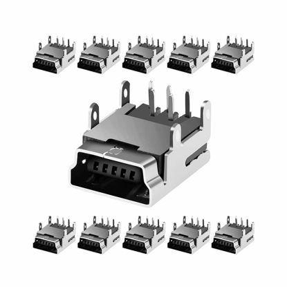 Picture of Mini USB Type B Female Socket, 10 Pcs 5-Pin Right Angle Dip Jack Connector by MUZHI