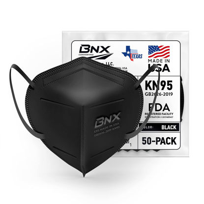 Picture of BNX KN95 Face Mask Made in USA (50-Pack), KN95 Mask Disposable Particulate Protective Mask, GB2626-2019, Protection Against Dust, Pollen and Haze (50 pcs) (Earloop) (Model: E95) Black