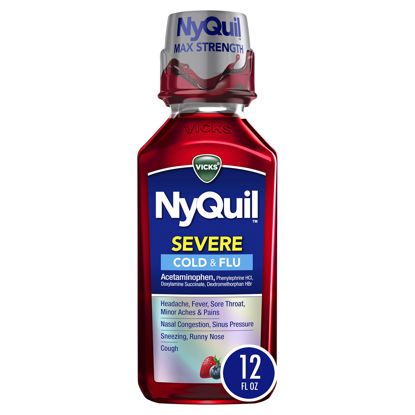 Picture of Vicks NyQuil SEVERE Cold and Flu Relief Liquid Berry Flavored Medicine, Maximum Strength, 9-Symptom Nighttime Relief For Fever, Sore Throat, Nasal Congestion, Sinus Pressure, Sneezing, Cough, 12 FL OZ