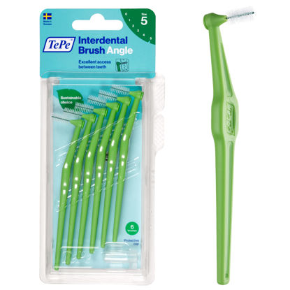 Picture of TePe Interdental Brush Angle, Angled Dental Brush for Teeth Cleaning, Pack of 6, 0.8 mm, Moderate, Green