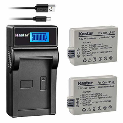 Picture of Kastar Battery (X2) & LCD Slim USB Charger for LP-E5 LPE5 and EOS Rebel XS, Rebel T1i, Rebel XSi, 1000D, 500D, 450D, Kiss X3, Kiss X2, Kiss F Digital Camera, BG-E5 Grip