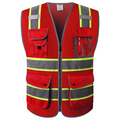 Picture of JKSafety 9 Pockets Hi-Vis Neon Red Zipper Front MESH Safety Vest with Fluorescent Yellow Extend Edge outlining the Reflective Tapes Meet ANSI/ISEA Class 2 Standard (100-Red, 5X-Large)