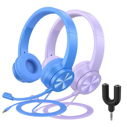 Picture of 【2 Pack】 Kids Headphones with Microphone for School, Wired Headsets with 94dB Volume Limit & Sharing Splitter for Boys/Girls, Computer Headset for Smartphones/iPad/PS4/Xbox One/PC, Blue&Purple