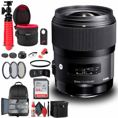 Picture of Sigma 35mm f/1.4 DG HSM Art Lens for Nikon F (340306) Bundle + Backpack + 64GB Card + Lens Case + Card Reader + 3 Piece Filter Kit + Cleaning Set + Flex Tripod + Memory Wallet + IR Remote + More