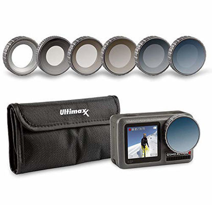 Picture of Ultimaxx?s 8 Piece Waterproof Filter Kit for Osmo Action Camera (UV, ND4, ND8, ND16, ND32, CPL Filters) Made of Optical Glass and Aluminum Frame; Includes Carrying Case and Cleaning Cloth