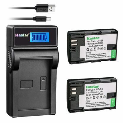Picture of Kastar Battery (X2) + LCD Slim USB Charger for Canon LP-E6 LP-E6N, EOS 60D 60Da EOS 70D XC10 EOS 5D Mark II 5D Mark III 5D Mark IV, EOS 5DS 5DS R, EOS 6D 7D Mark II, BG-E14 BG-E13 BG-E11 BG-E9 BG-E7 B