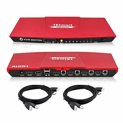 Picture of TESmart 4 Port HDMI KVM Switch, Support 4K@30Hz RGB 4:4:4, USB 2.0 Hub, EDID, Hotkey, Button Switching, IR Remote Control, PC Keyboard Mouse Switcher Box for 4 Computers/Servers/DVR with 5ft Cables
