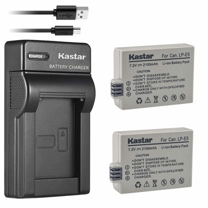 Picture of Kastar Battery (X2) & Slim USB Charger for LP-E5 LPE5 and EOS Rebel XS, Rebel T1i, Rebel XSi, 1000D, 500D, 450D, Kiss X3, Kiss X2, Kiss F Digital Camera, BG-E5 Grip