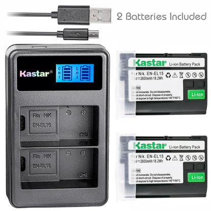 Picture of Kastar Battery 2 Pack + Dual LCD USB Charger for Nik EN-EL15 ENEL15 & Nik 1 V1, D500, D600, D610, D750, D800, D7000, D7100, D800, D800E DSLR Camera, MB-D11, MB-D12, MB-D14, MB-D15, MB-D16 Grip