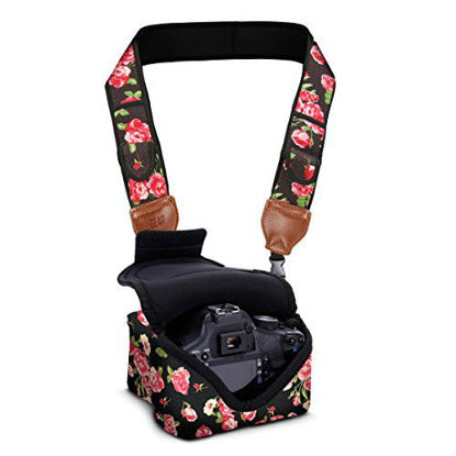Picture of DSLR Camera Case/Camera Strap Combo - Floral Neoprene Design with Accessory Pocket Plus Camera Strap with Storage Pockets by USA Gear 2-in-1 Package - Works with Nikon, Canon, Sony & More