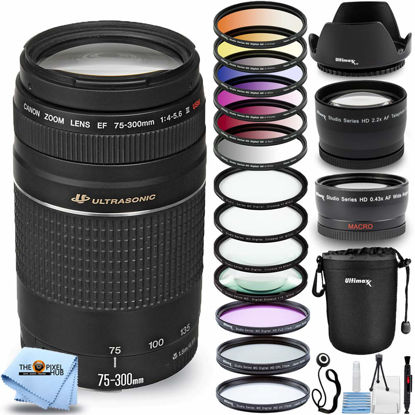 Picture of Canon EF 75-300mm f/4-5.6 III Lens MEGA Bundle with 3 Filter Kits, Telephoto and Wide Angle Lens, Lens Pouch, Tulip Hood Lens + Much More (Black) [International Version]
