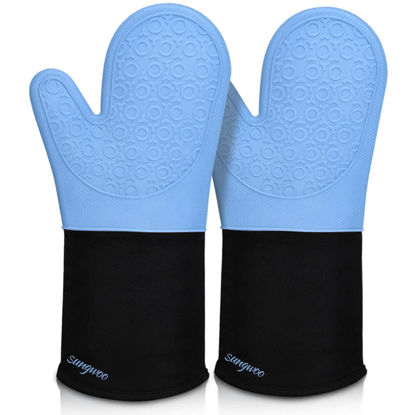 Picture of Extra Long Silicone Oven Mitts, sungwoo Durable Heat Resistant Oven Gloves with Quilted Liner Non-Slip Textured Grip Perfect for BBQ, Baking, Cooking and Grilling - 1 Pair 14.6 Inch Sky Blue & Black