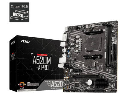 Picture of MSI A520M-A PRO Gaming Motherboard (AMD AM4, DDR4, PCIe 4.0, SATA 6Gb/s, Dual M.2, USB 3.2 Gen 1, DVI/HDMI, Micro-ATX)