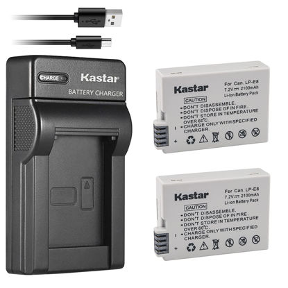 Picture of Kastar Battery (X2) & Slim USB Charger for LP-E8, LC-E8E and EOS 550D, EOS 600D, EOS 700D, EOS Rebel T2i, EOS Rebel T3i, EOS Rebel T4i, EOS Rebel T5i Cameras, Grip BG-E8