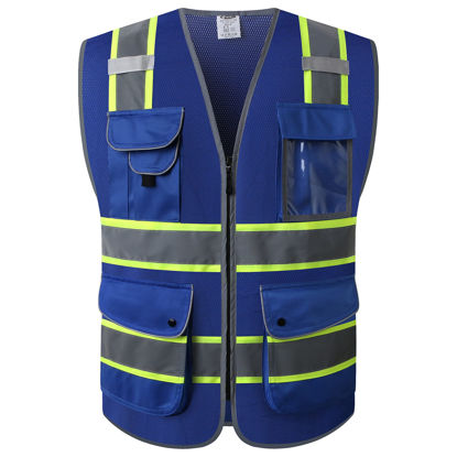 Picture of JKSafety 9 Pockets Hi-Vis Zipper Front MESH Neon Blue Safety Vest with Fluorescent Yellow Extended Trim outling the Reflective Tapes Meet ANSI/ISEA Standards (100-Mesh-Blue, 5X-Large)