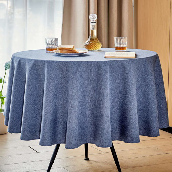 Picture of Mebakuk Round Table Cloth Linen Farmhouse Tablecloth Spill-Proof Antiwrinkle and Shrink Proof Tablecloth Decorative Fabric Table Cover for Dining and Outdoor Use(70 inch Round 4-6 Seats Denim Blue)