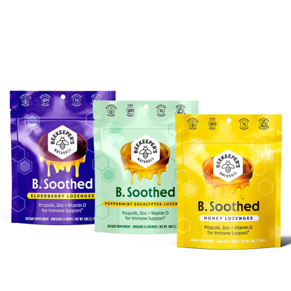 Picture of Beekeepers Naturals B.Soothed Cough Drops 3 Flavors Pack,Honey,Peppermint & Elderberry Sore Throat Relief Soothing Lozenges with Zinc,Propolis & Vitamin D,42 Ct