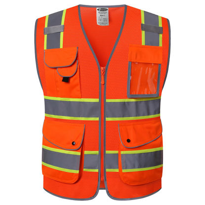 Picture of JKSafety 9 Pockets Hi-Vis Reflective Safety Vest | Mesh Fabric | Fluorescent Orange Color with Neon Yellow Extended Trims | ANSI/ISEA Compliance (100-Orange, 3XL)