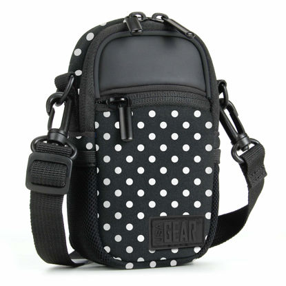 Picture of USA GEAR Compact Camera Case (Polka Dot) Point and Shoot Camera Bag with Accessory Pockets, Rain Cover and Shoulder Strap-Compatible with Sony CyberShot, Canon PowerShot ELPH, Nikon COOLPIX and More