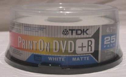 Picture of TDK DVD+R 8X 4.7GB White Matte Inkjet Printable 25 Pack Spindle