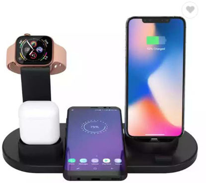 Picture of 3 in 1 Rotatable Wireless Charging Station for Multiple Devices Portable Charging Stand for iPhone Apple Watch and Airpod Built-in Charging Dock for iPhone and Android with Adapter and Cable (Black)