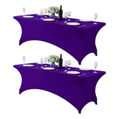 Picture of Hezuzo 2Pack Spandex Table Cover for 8FT Table Universal Fitted Stretch Tablecloth for Party, Banquet, Wedding and Events-Purple