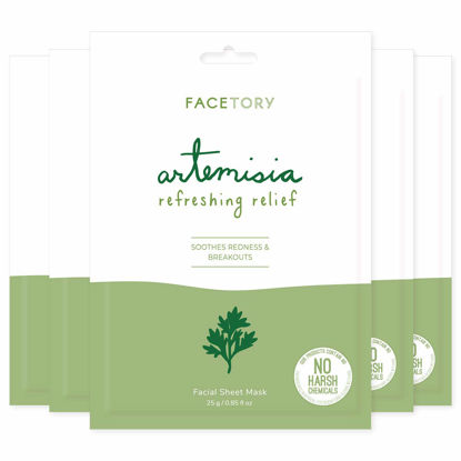 Picture of FACETORY Artemisia Refreshing Relief Sheet Mask with Artemisia Extract - Soft, Form-Fitting Facial Mask, For All Skin Types - Soothing, Balancing, and Calming (Pack of 5)